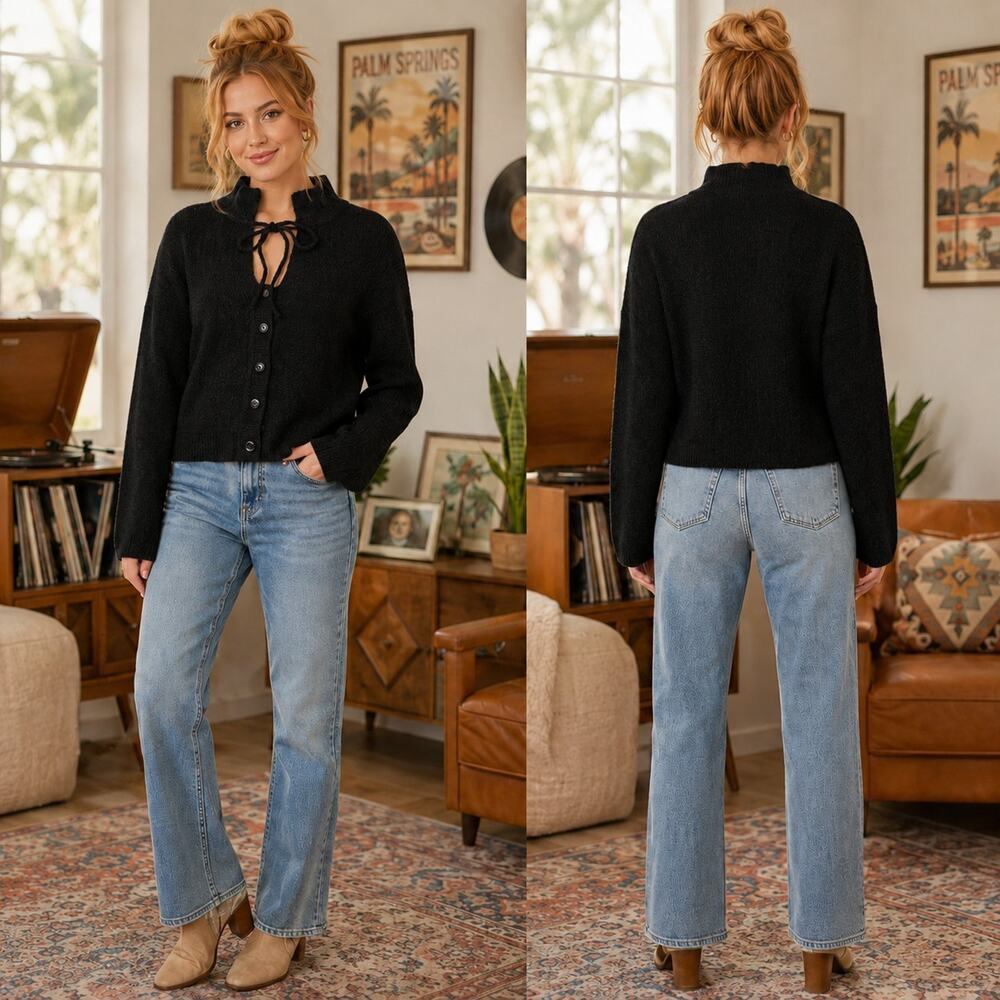 Tulip B Small Black Cropped Cardigan Lace Up Mock Neck Button Front NWT